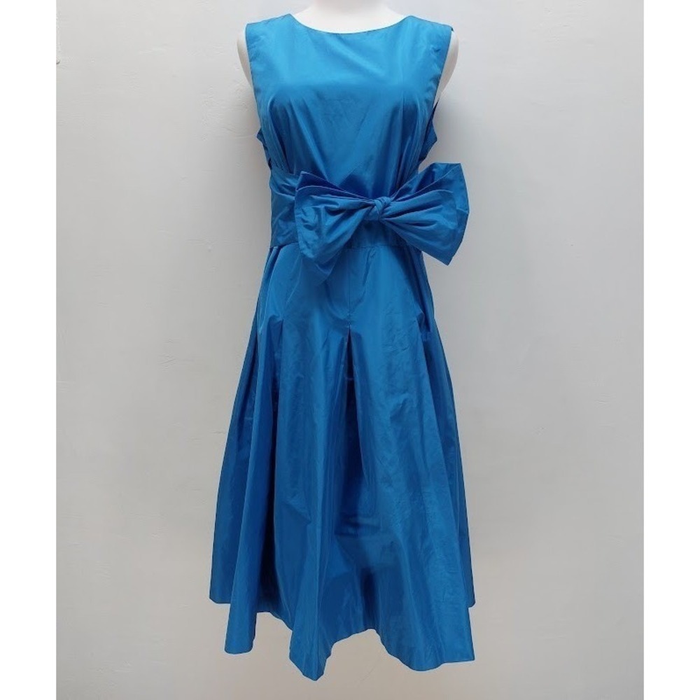 Sara Campbell Bow Waist Midi Dress Women's 8 Blue Sleeveless Taffeta Fit & Flare